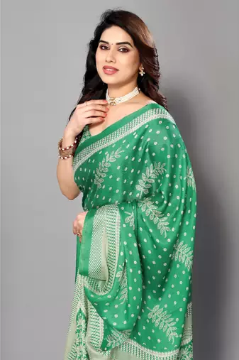 Green Printed Moss Chiffon Saree With Blouse Piece