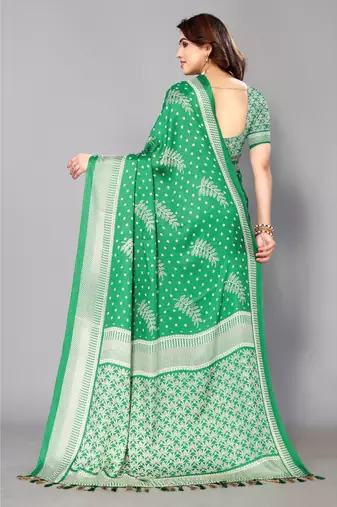 Green Printed Moss Chiffon Saree With Blouse Piece
