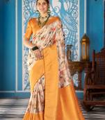 Orange::Multicolour Printed Silk Blend Saree With Blouse Piece
