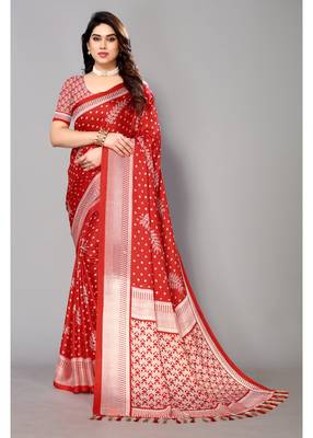 Red  Printed Moss Chiffon Saree With Blouse Piece 1