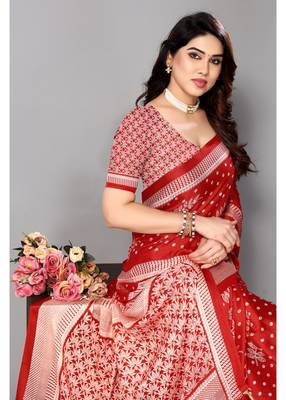 Red  Printed Moss Chiffon Saree With Blouse Piece 2
