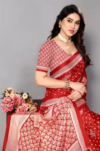Red  Printed Moss Chiffon Saree With Blouse Piece