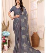 Grey Embroidered Chiffon Saree With Blouse Piece