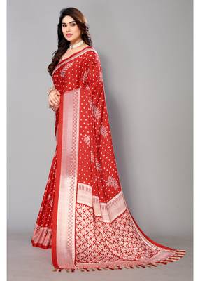 Red  Printed Moss Chiffon Saree With Blouse Piece 4