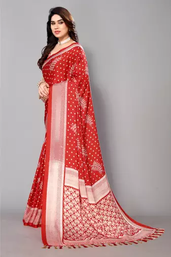 Red  Printed Moss Chiffon Saree With Blouse Piece