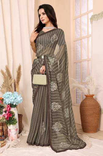 Green Embroidered Chiffon Saree With Blouse Piece