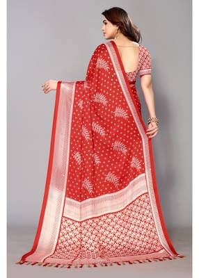 Red  Printed Moss Chiffon Saree With Blouse Piece 5