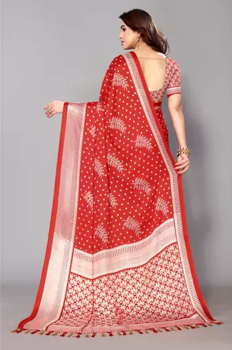 Red  Printed Moss Chiffon Saree With Blouse Piece