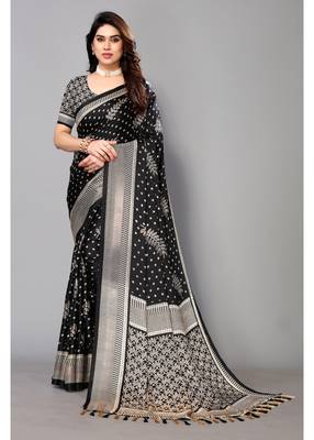 Black  Printed Moss Chiffon Saree With Blouse Piece 1