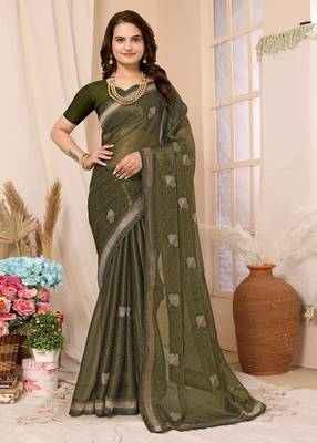 Green Embroidered Chiffon Saree With Blouse Piece 1