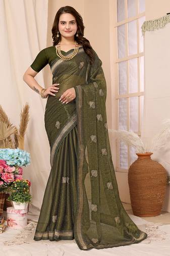 Green Embroidered Chiffon Saree With Blouse Piece