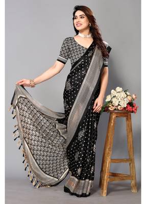 Black  Printed Moss Chiffon Saree With Blouse Piece 3