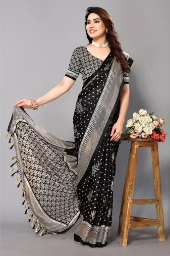 Black  Printed Moss Chiffon Saree With Blouse Piece