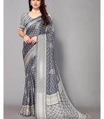 Grey  Printed Moss Chiffon Saree With Blouse Piece