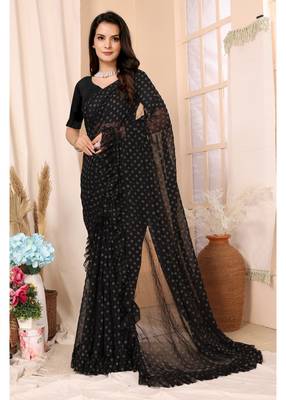 Black Embellished Georgette Saree With Blouse Piece 1