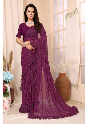 Wine Embellished Georgette Saree With Blouse Piece 1