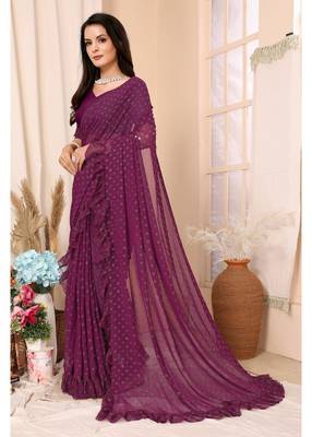 Wine Embellished Georgette Saree With Blouse Piece 2