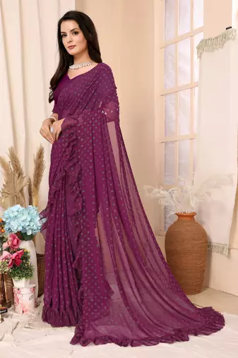 Wine Embellished Georgette Saree With Blouse Piece