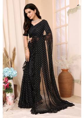 Black Embellished Georgette Saree With Blouse Piece 2