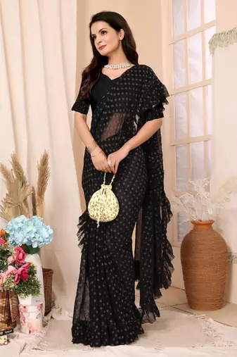 Black Embellished Georgette Saree With Blouse Piece