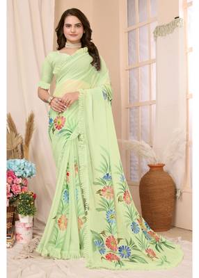 Green Embellished Georgette Saree With Blouse Piece 1