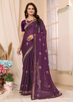 Purple Embroidered Chiffon Saree With Blouse Piece 1
