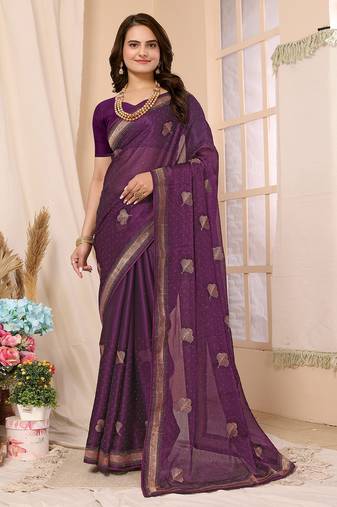 Purple Embroidered Chiffon Saree With Blouse Piece