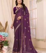 Purple Embroidered Chiffon Saree With Blouse Piece
