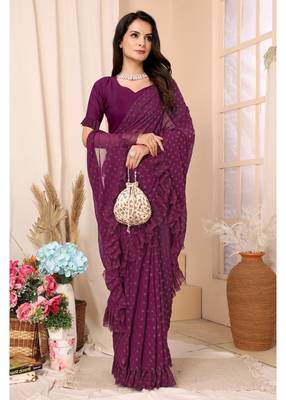 Wine Embellished Georgette Saree With Blouse Piece 5