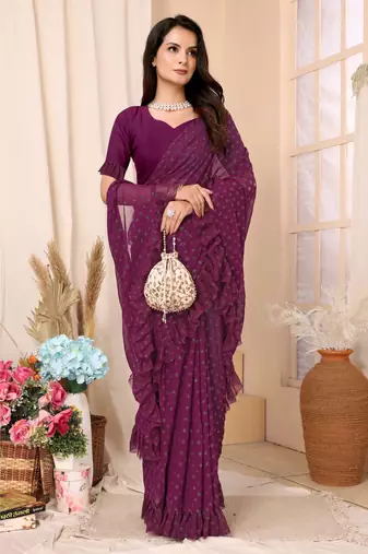 Wine Embellished Georgette Saree With Blouse Piece