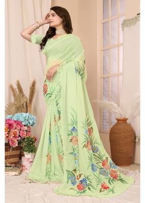 Green Embellished Georgette Saree With Blouse Piece 2