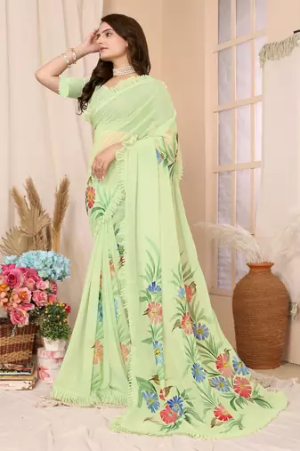 Green Embellished Georgette Saree With Blouse Piece