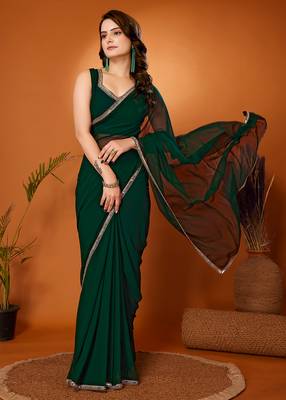 Fabmora Georgette Plain Bottle Green Saree 1