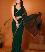 Fabmora Georgette Plain Bottle Green Saree