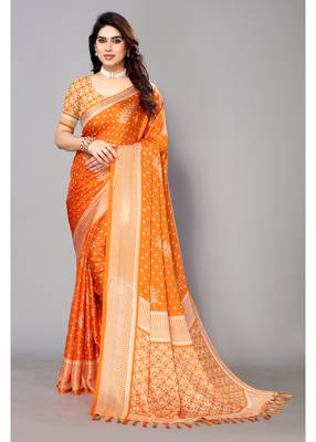 Orange Printed Moss Chiffon Saree With Blouse Piece 1