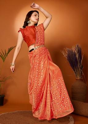 Orange Embroidered Net Saree With Blouse Piece 1