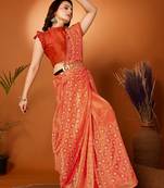 Orange Embroidered Net Saree With Blouse Piece