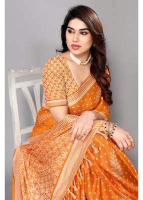 Orange Printed Moss Chiffon Saree With Blouse Piece 2
