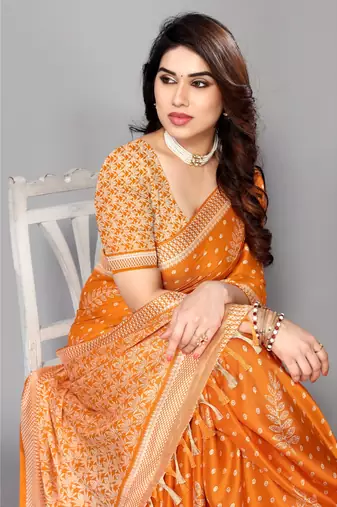 Orange Printed Moss Chiffon Saree With Blouse Piece