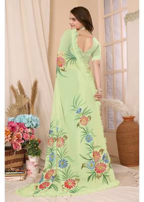 Green Embellished Georgette Saree With Blouse Piece 3