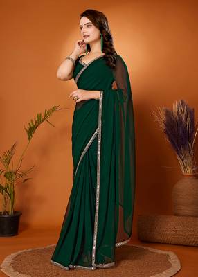 Fabmora Georgette Plain Bottle Green Saree 2