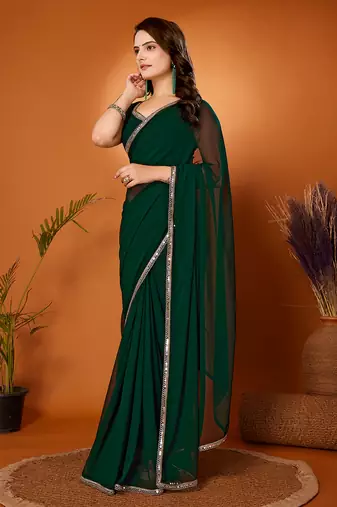 Fabmora Georgette Plain Bottle Green Saree