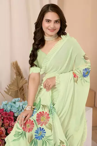 Green Embellished Georgette Saree With Blouse Piece
