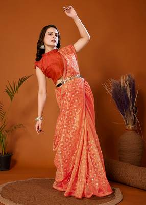 Orange Embroidered Net Saree With Blouse Piece 2