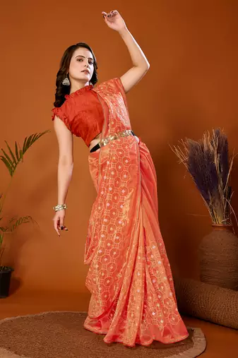 Orange Embroidered Net Saree With Blouse Piece