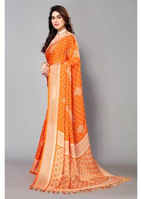 Orange Printed Moss Chiffon Saree With Blouse Piece 3