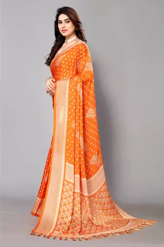 Orange Printed Moss Chiffon Saree With Blouse Piece
