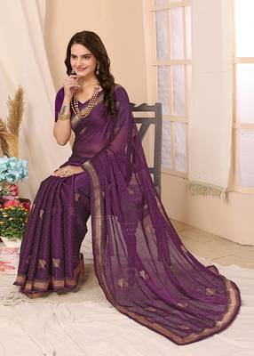 Purple Embroidered Chiffon Saree With Blouse Piece 4