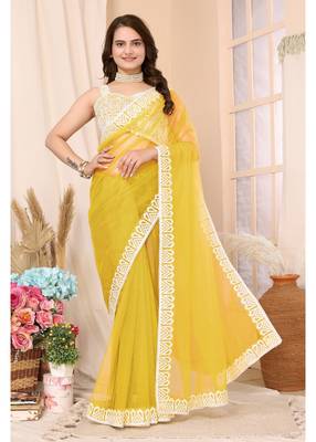 Yellow Embroidered Net Saree With Blouse Piece 1
