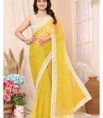 Yellow Embroidered Net Saree With Blouse Piece